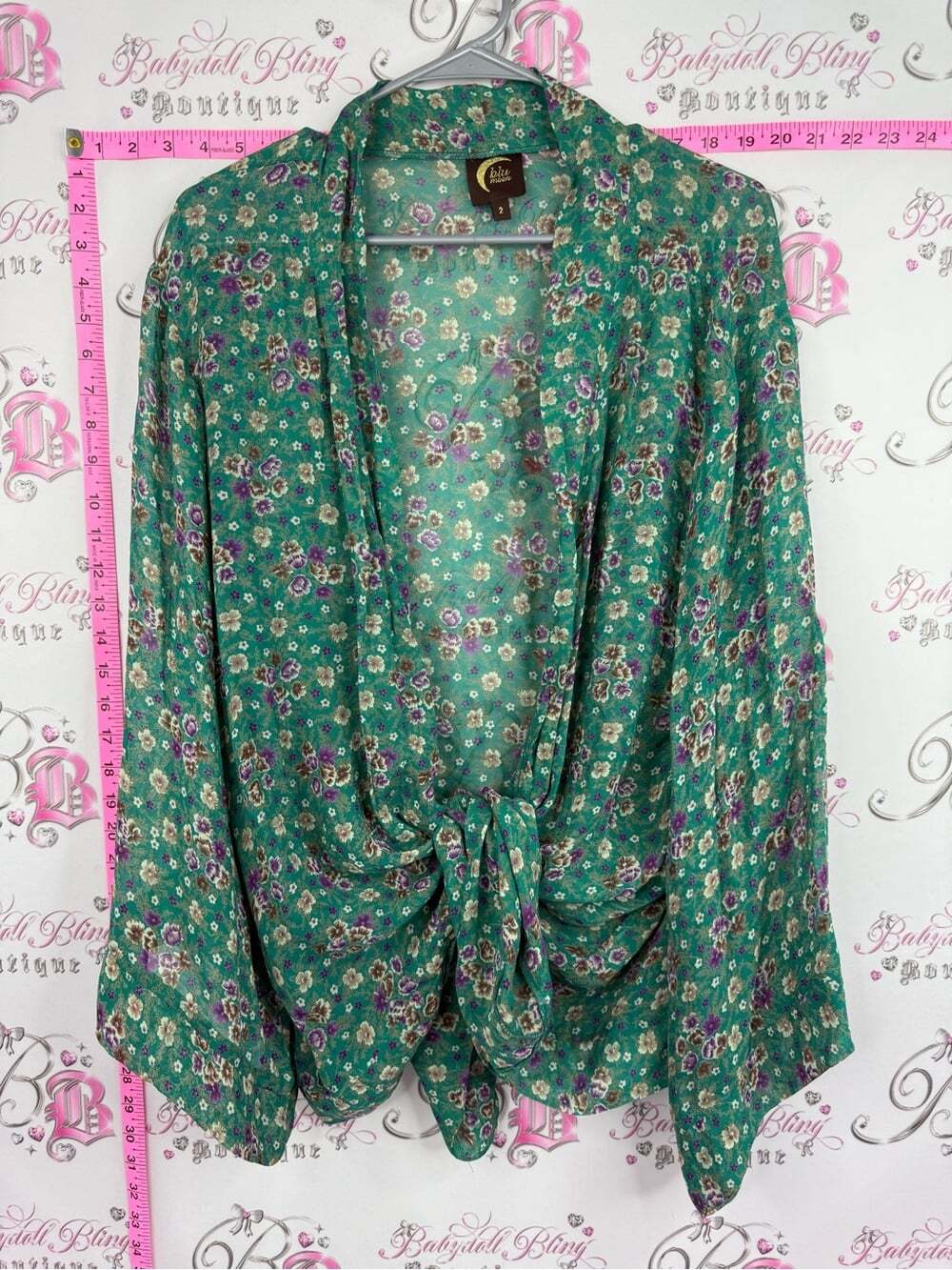 BLUE MOON cardigan kimono style tie up Marina Green Floral Tie-Front Blouse
